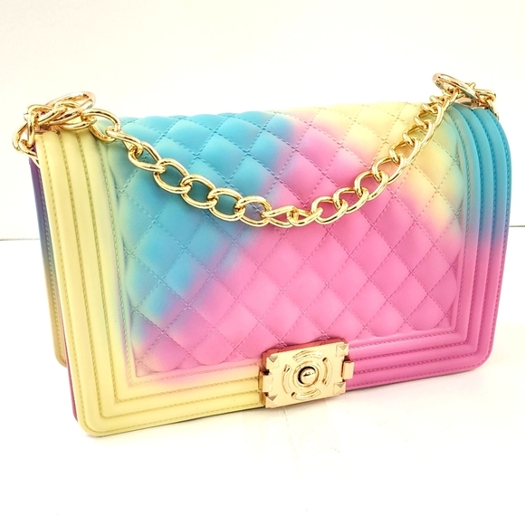 Caleesa Quilted Rainbow Color Crossbody Jelly Women's Rectangle Bag Purse - Picture 1 of 7